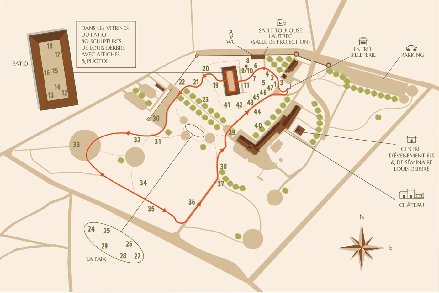 Map of the Musée-Promenade Louis Derbré park: the visit route, the numbered location of each sculpture, the château, the patio, the ticket office and the car park.